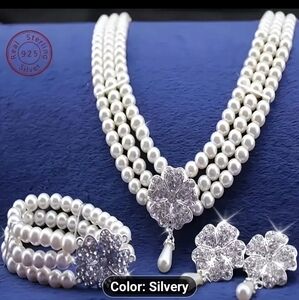 Sterling Silver Pearl Necklace Set with Floral Accents